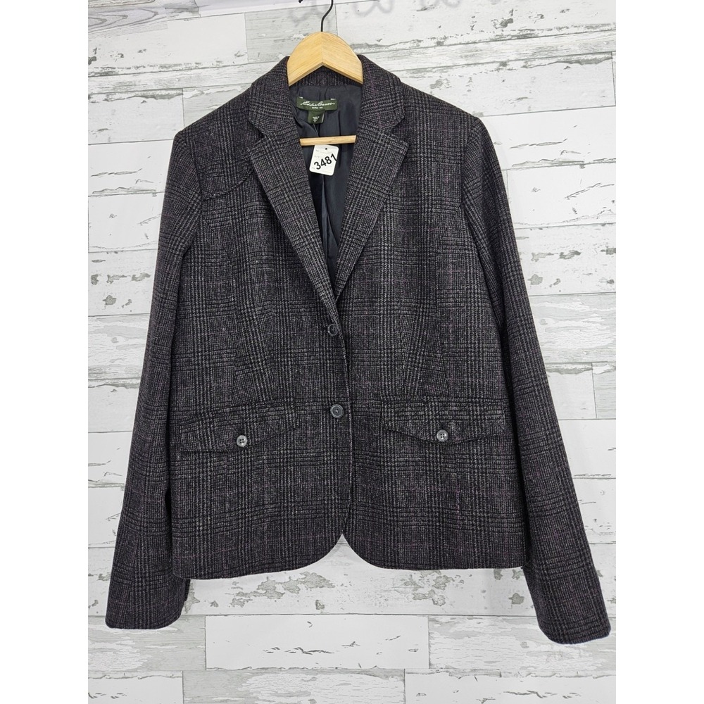 Eddie Bauer Womens Glen Plaid Wool Blend Blazer Jacket Purple Gray Size 12 Tall